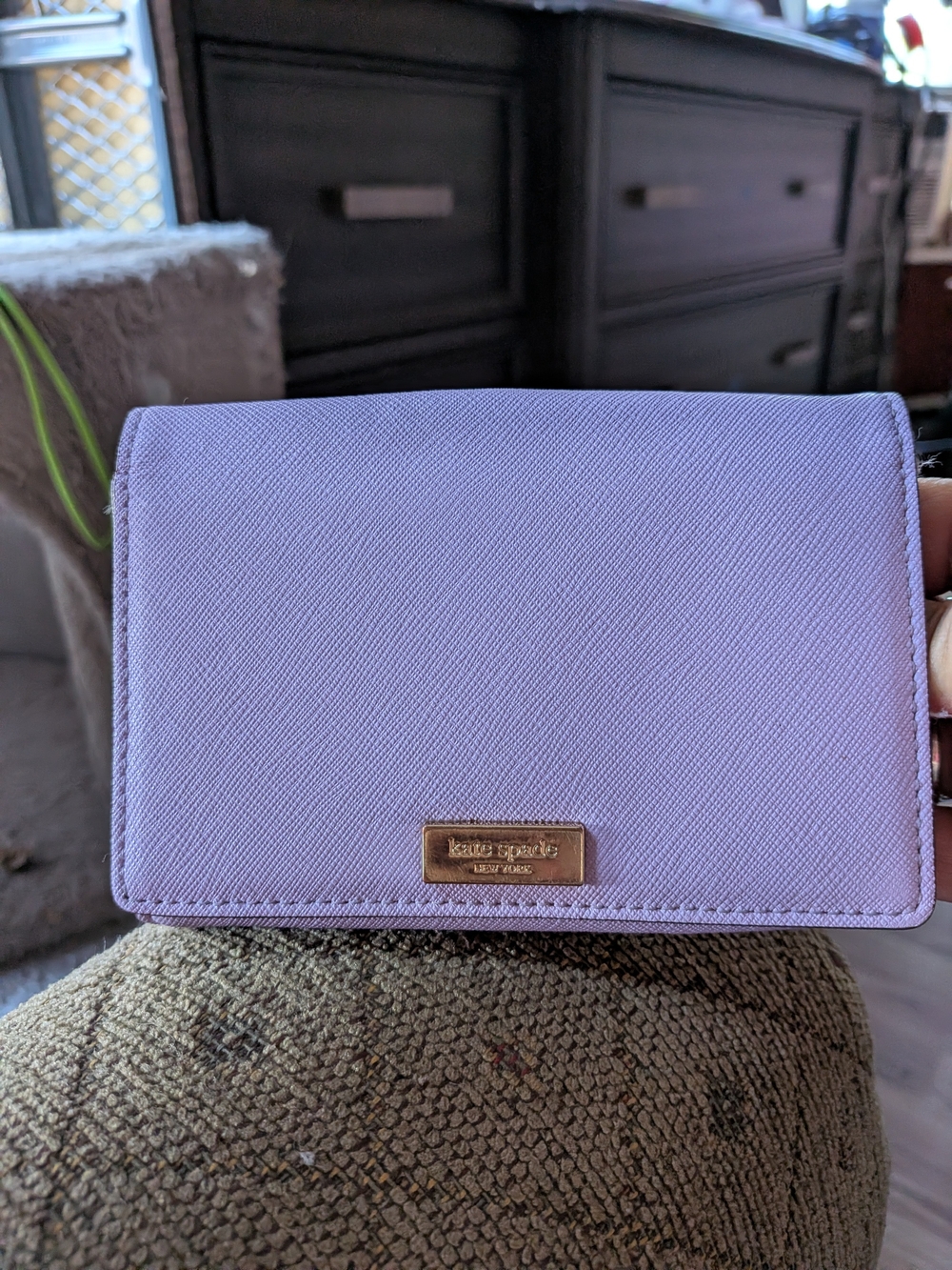 kate spade lilac Saffiano compact wallet with gold logo plaque